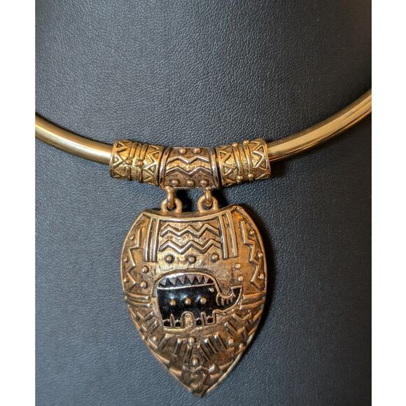 Gold Tone Indian Elephant Torque Pendant Collar Necklace - Picture 2 of 5